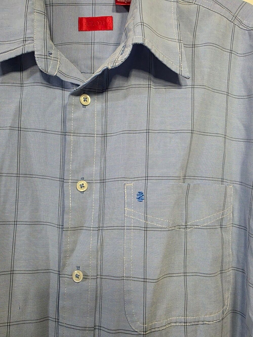 IZOD Saltwater Men L Short Sleeve Button Up Shirt Light Blue Plaid - Picture 3 of 4